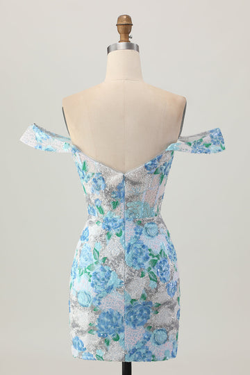 White Blue Flower Bodycon Off the Shoulder Sequins Short Homecoming Dress